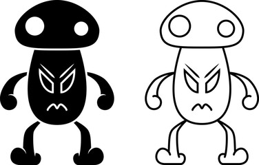 black, white illustration of angry mushroom character. line art, silhouette, simple, sketch concept. used for mascot, logo, symbol, sign, print, drawing book, coloring
