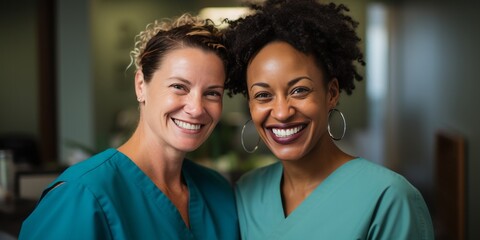 Two nurses sharing a lighthearted moment in the office, exemplifying the camaraderie and cheerful teamwork among healthcare professionals, creating a positive and joyful atmosphere - obrazy, fototapety, plakaty