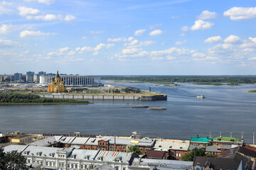 View of the city of Nizhny Novgorod and strelka at the confluence of the Volga and Oka rivers....