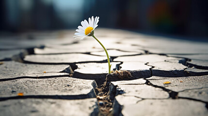 a flower is growing on the asphalt  - obrazy, fototapety, plakaty