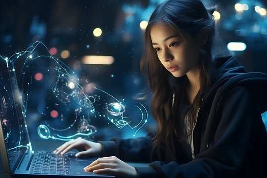 A young asian girl sits at a computer and works with a neural network. The concept of artificial intelligence and modern technologies.