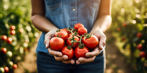 young female farmer in Denim Clothes presenting fresh harvested red juicy tomatoes - obrazy, fototapety, plakaty