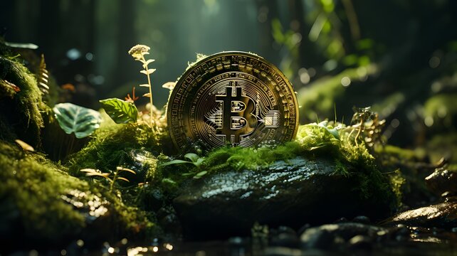 Crypto golden coin in the jungle. Generative AI