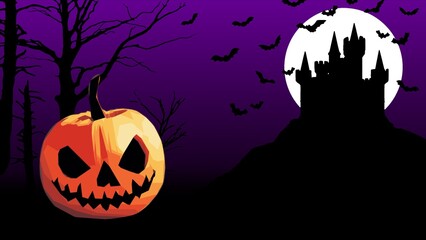 halloween pumpkin with bats and moon illustration