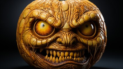 scary halloween pumpkin. Cut out eyes and mouth from a root vegetable. jack o'lantern decoration for celebration.