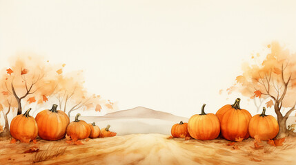 Cute Outdoor Pumpkin Patch Farm Landscape Watercolor Concept - Simple and Minimalist - Isolated on White and Cream Background - Children's Illustration Art Style with Copy Space