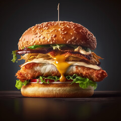 Tasty crispy chicken burger with mayo, tomato, lettuce, bacon and cheddar