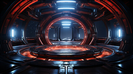 Spaceship corridor. Futuristic tunnel with light, laboratory, spaceship interior, futuristic portal, Generative AI