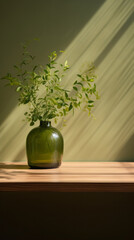 A green vase with a plant on a tabl