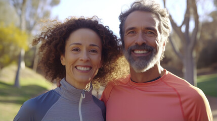 Obraz premium Active and Happy: Middle-Aged Couple Shares Smiles During Their Outdoor Workout Together.
