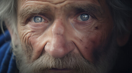 Weathered Homeless Elder with Piercing Blue Eyes.