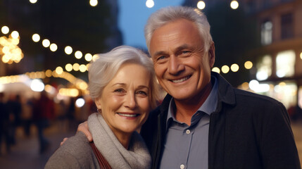 Confident and Happy 70s Couple, Dressed for an Evening Downtown, Against an Urban Backdrop, Radiating Joy.