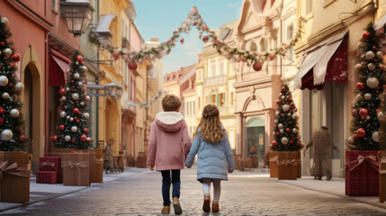 Christmas Stroll: Children Wander Along Festively Adorned Streets in a Quaint European Town, Back View.