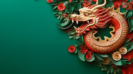 Obraz premium Traditional Chinese new year gold dragon isolated on green with space for text
