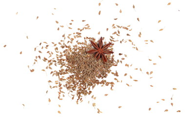Anise seeds spice texture (Pimpinella anisum) with anise stars isolated on white, top view 