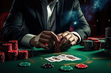 man holding a poker chip and cards while waiting for player Generative AI - obrazy, fototapety, plakaty