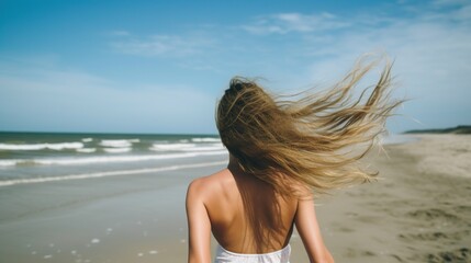 Fototapeta na wymiar a woman with long hair was walking along the beach