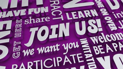 Join Us You Are Invited Words Participate Come Here Together 3d Animation
