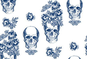 Vintage blue skull with flowers and butterflies seamless pattern	