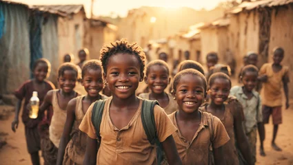 Foto op Canvas Portrait of african dirty happy children on slum background © tanya78