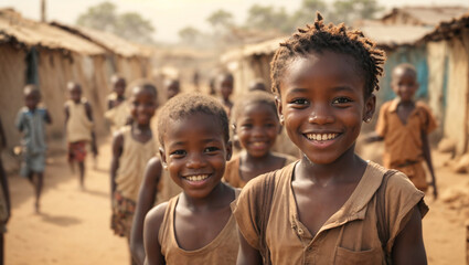 Portrait of african dirty happy children on slum background - obrazy, fototapety, plakaty