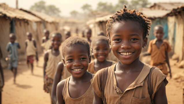 Portrait of african dirty happy children on slum background