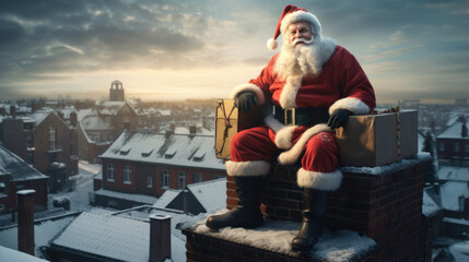 Santa Claus with gift box on roof house, Happy christmas and new year, generative ai - obrazy, fototapety, plakaty