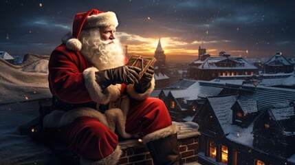 Santa Claus with gift box on roof house, Happy christmas and new year, generative ai - obrazy, fototapety, plakaty