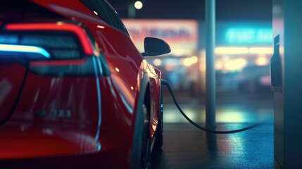 Charging modern electric car on the street which are the future of the Automobile, generative ai