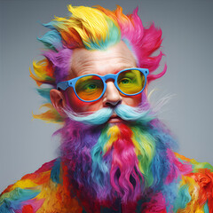 a man with a beard, mustache and rainbow hair. strange male person.
