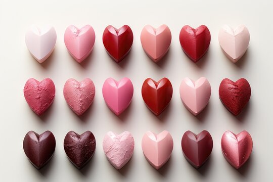 Multi-colored shapes of hearts with lipstick texture on a white background, samples, banner