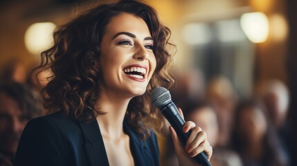 Business woman at the presentation holding a microphone. Generative AI