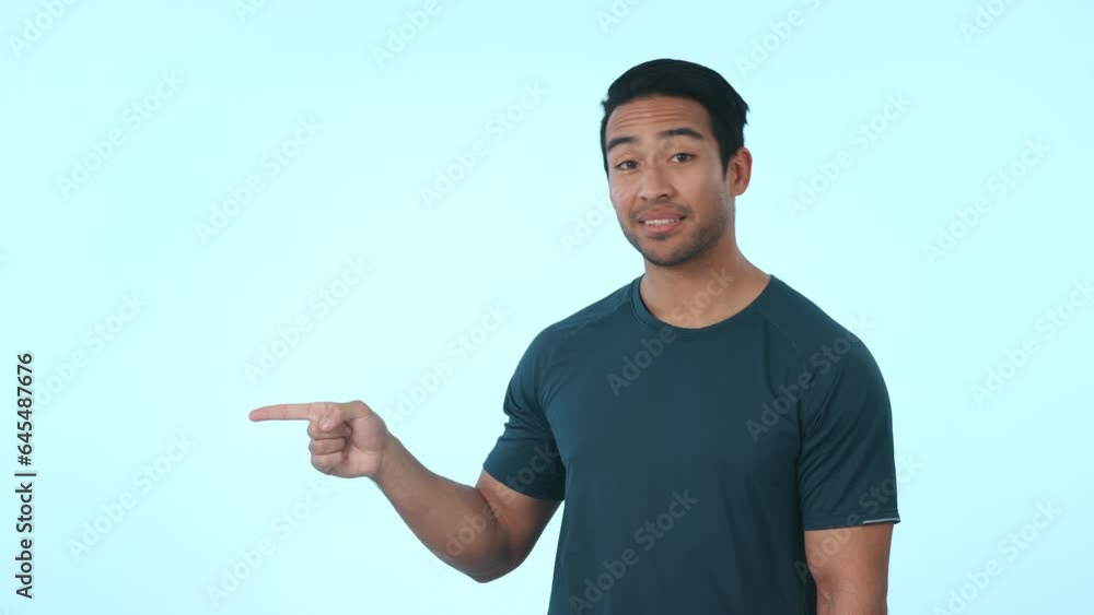 Poster Pointing, man and face with checklist, information and steps in a studio with menu choice. Timeline, person and smile portrait for promotion with option, list and presentation with blue background