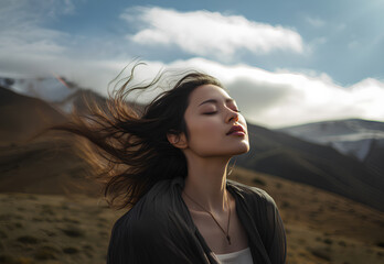 Woman with eyes closed and hair blown by the wind breathes deeply at the top of the mountain. Meditation, introspective woman