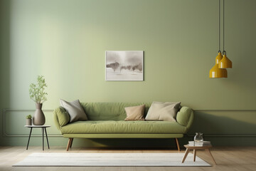 Interior of modern living room with green wall, sofa and plant 3d render