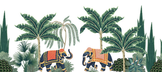 Elephant, palms, trees, plants seamless border.  Indian mural.