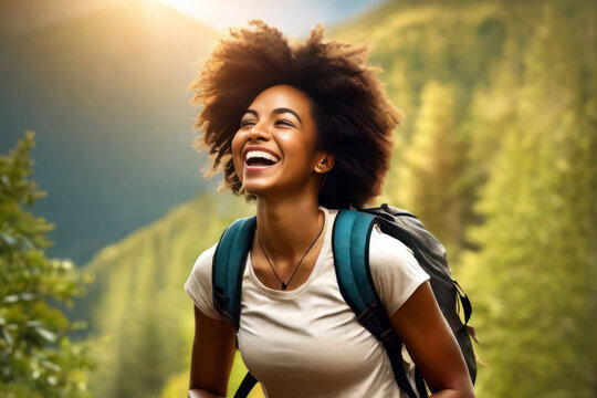 Happy smiling healthy black woman enjoying a hike.Generative AI