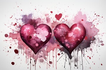 Two pink hearts with lipstick texture on a background of watercolor splashes, stains and drops, card