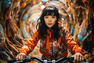 Fototapeta na wymiar Capture the Joy of an Asian Cyclist, Generative Ai