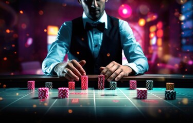 casino gambler holding dice and poker chips and putting them on tables Generative Ai