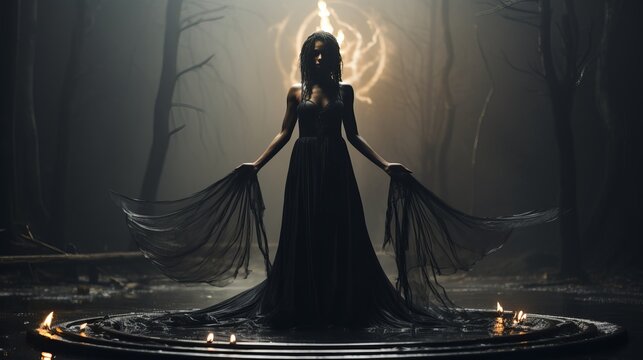 
A beautiful girl in the style of a witch in Gothic clothes with a staff against the background of the moon and candles. Night of the Witch or All Hallows' Eve. Concept: coven, mysticism, game charact