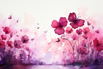 Watercolor butterflies fly on a background of pink flowers and clouds, valentine, wedding