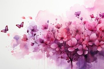 Watercolor sakura flowers and a pair of butterflies on a background of pink clouds, valentine