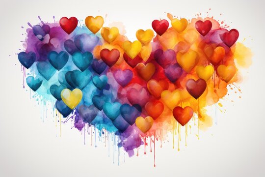 Large watercolor heart consisting of small multi-colored hearts on a white background, card