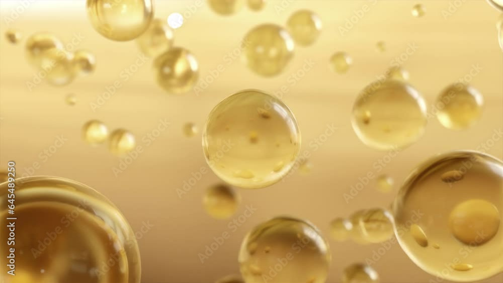 Poster many atoms are floating in the water. cosmetic essence emerges as a liquid bubble on a flowing backg