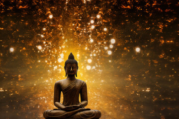 Sitting Buddha statue with vibrant lights during Asachna Bucha celebration, background