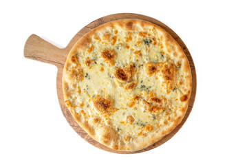 
Pizza with four cheese, mozzarella, pecorino, gorgonzola, taleggio from above isolated on white...