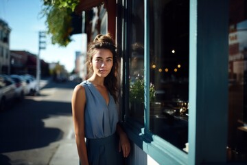 Fototapeta premium Portrait of an attractive young stylish girl, woman, on the street. Close up view.