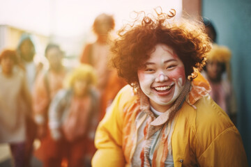 Obraz na płótnie Canvas Portrait of a happy cheerful asian kid on a blurred background. Close-up shot.