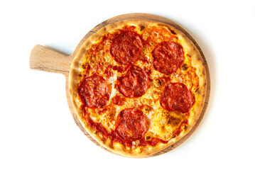 traditional italian pizza with tomato, mozzarella, spicy salami, from above and close up isolated on white wooden table 